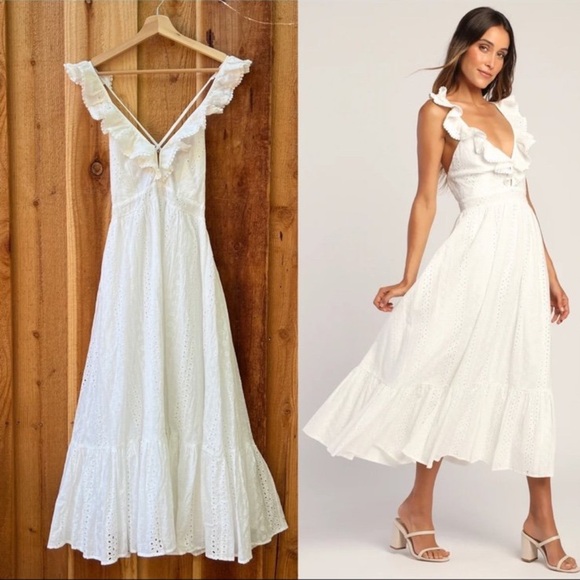 White Eyelet Ruffled Lace Collar Backless Midi Dress 🌿 - Picture 1 of 14